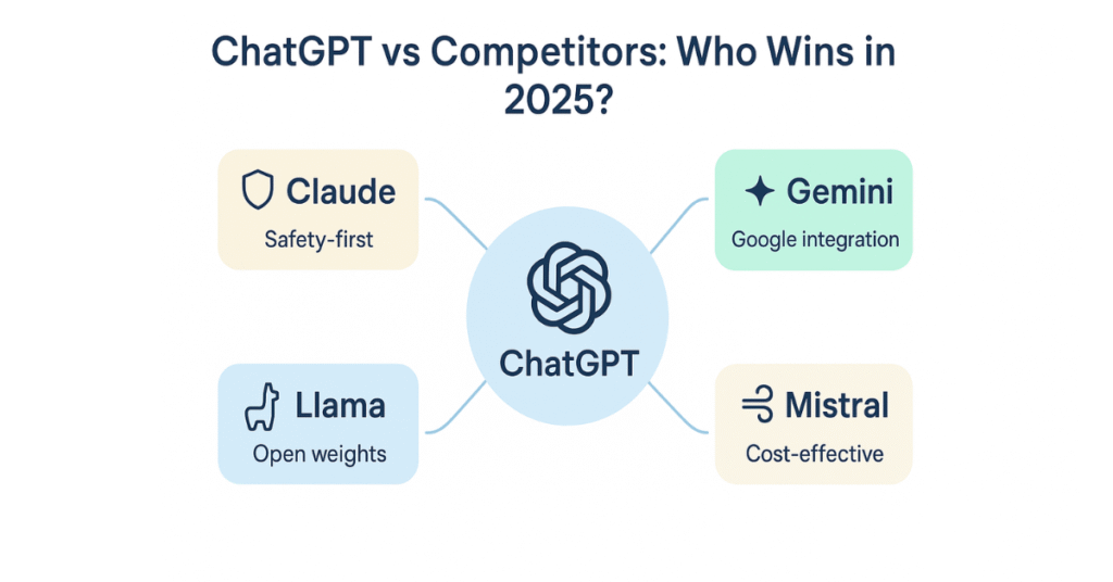 Infographic comparing ChatGPT with Claude, Gemini, Llama, and Mistral in 2025, showing key strengths like safety, Google integration, open weights, and cost-effectiveness.