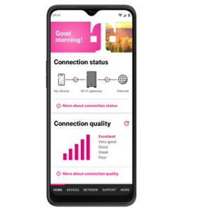 A smartphone screen showing a 'Good morning!' greeting with status indicators for 'Connection status' and 'Connection quality'
