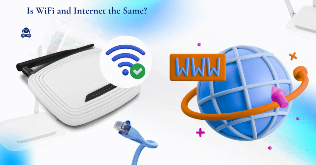 WiFi router and globe icon representing the difference between WiFi and the Internet.
