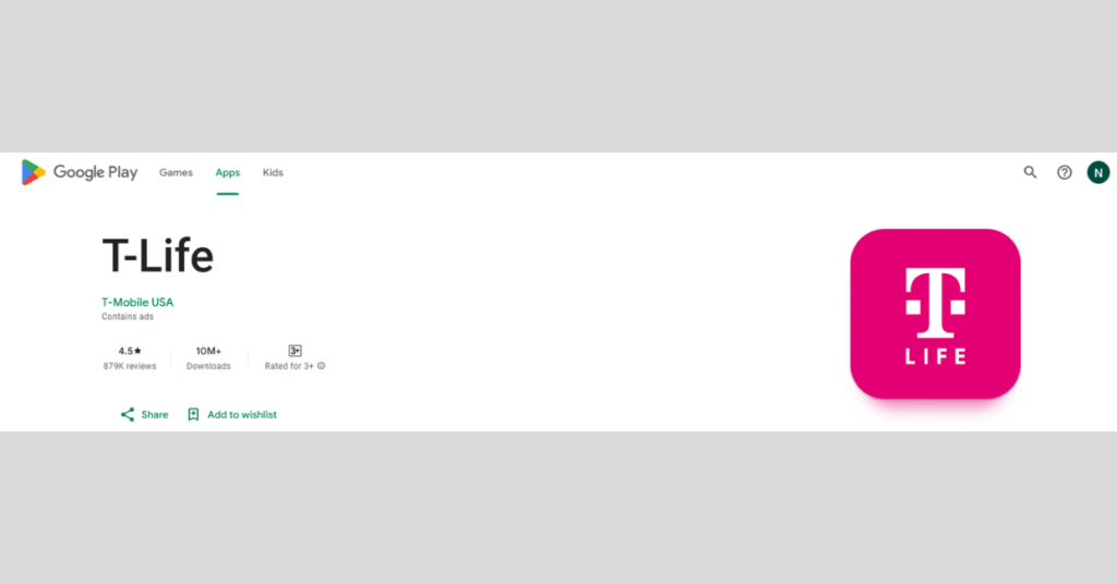T-Life app page on Google Play Store showing ratings, downloads, and T-Mobile USA as the developer.