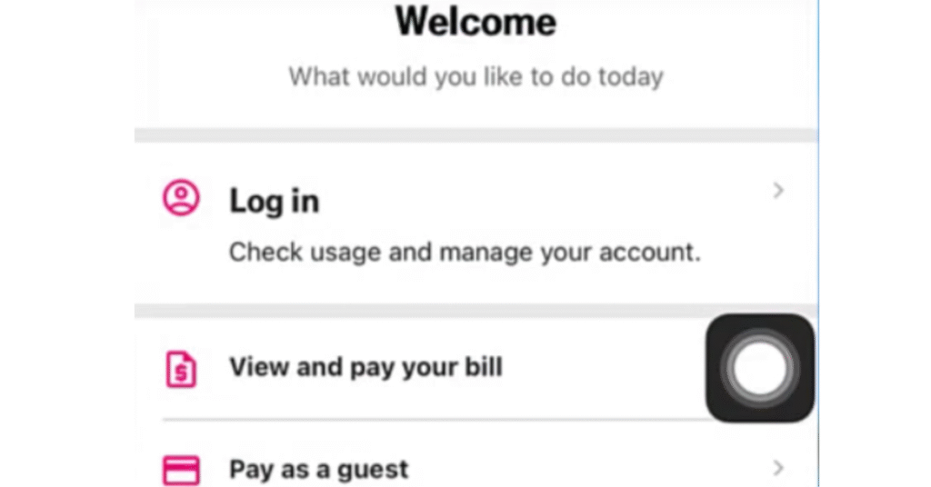 The login screen for the T-Mobile app, welcoming users and providing options to log in, view and pay a bill, or pay as a guest.