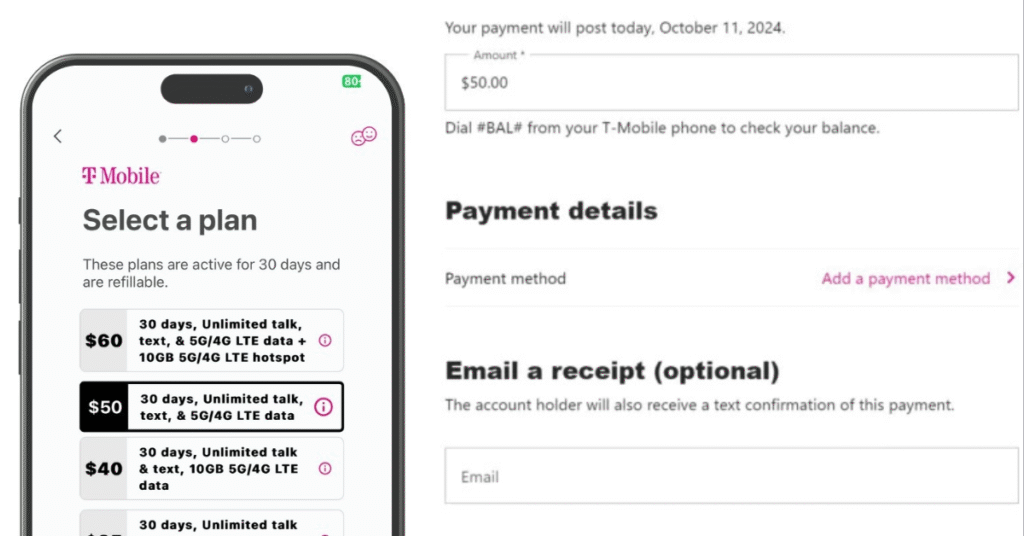 T-Mobile mobile app screen showing plan selection and payment details, including 5G/4G LTE data plans and email receipt options.