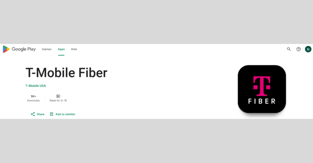 The T-Mobile app page on the Google Play Store, showing the app icon, name, and options to install, share, or add to a wishlist.